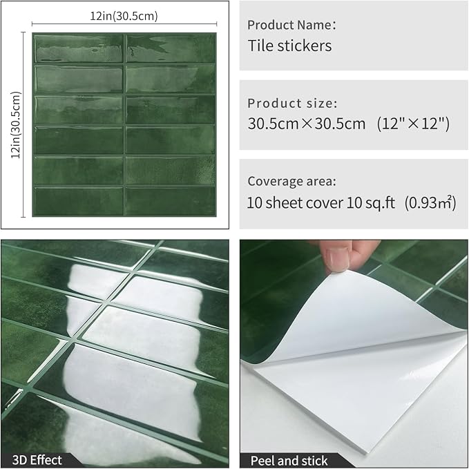DEWOO Green Peel and Stick Backsplash Tiles for Kitchen Wall 10-Sheet | Self Adhesive,Vertical,Sticky,Subway,Rectangle,for Bathroom,Laundry,Sink,12"×12"