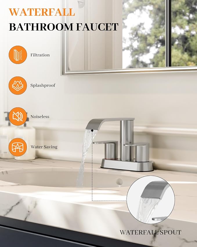Waterfall Bathroom Sink Faucet Brushed Nickel 4 Inch Centerset Two Handle | Stainless Steel Modern Bathroom Faucets with Pop up Drain Supply Hose for Vanity RV 2 or 3 Hole Sink by Homevacious