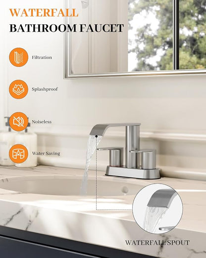 Waterfall Bathroom Sink Faucet Brushed Nickel 4 Inch Centerset Two Handle | Stainless Steel Modern Bathroom Faucets with Pop up Drain Supply Hose for Vanity RV 2 or 3 Hole Sink by Homevacious