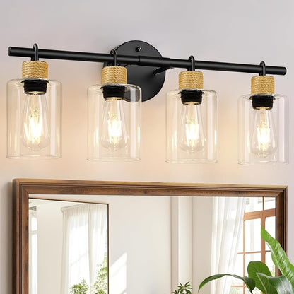 MOKATNG Bathroom Light Fixtures, 4-Light Farmhouse Vanity Lights with Hemp Rope, Black Bathroom Wall Lamp for Mirror Kitchen Hallway Cabinet