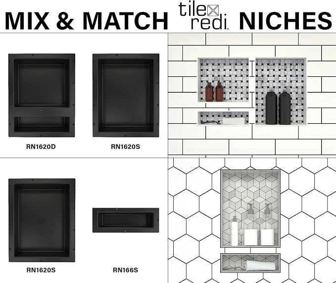 Tile Redi USA RN1620S-BI Redi Niche Single Recessed Shower Shelf, One Inner Shelf, 20" H x 16" W, Black