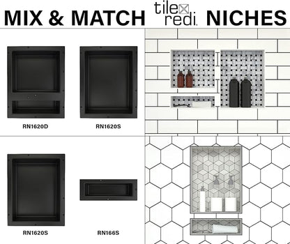 Tile Redi USA RN1620S-BI Redi Niche Single Recessed Shower Shelf, One Inner Shelf, 20" H x 16" W, Black