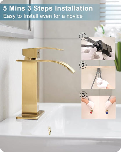 Gold Bathroom Faucet Waterfall, Brass Bathroom Faucets Single Hole or 3 Hole 4 Inch, Single Handle Bathroom Sink Faucet with Deck Plate & Drain