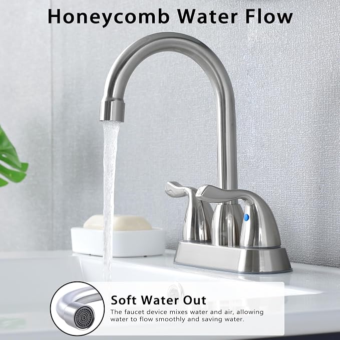 Brushed Nickel Bathroom Sink Faucet, 2 Handle 4 Inch Centerset Bathroom Faucet, 3 Hole Small Bathroom Sink Faucet with Supply Lines and Pop-up Drain, RV faucets for Camper Lavatory Vanity
