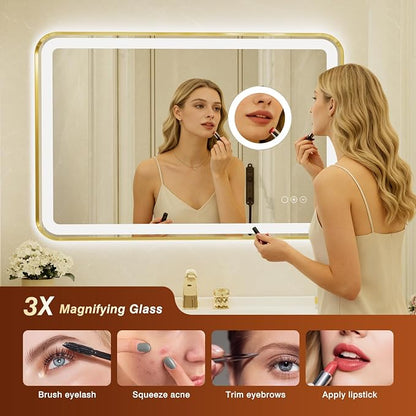 24x36 Inch Gold Framed LED Bathroom Mirror with Lights,Magnifying Tempered Glass,Dimmable Lighted Bathroom Vanity Mirror with 3 Colors, Backlit + Frontlit, Anti-Fog