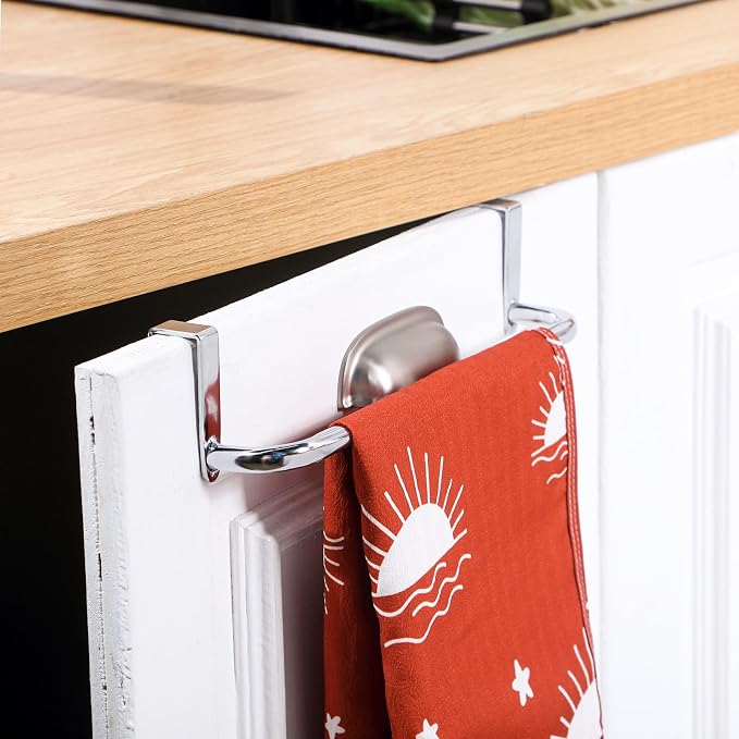 Patelai Over Cabinet Door Towel Bar, Metal Kitchen Rack,Silver | Hang Inside or Outside Cabinet for Hand Towels, No Drill Install, Bathroom Organizer, Saves Counter Space, Fits Doors