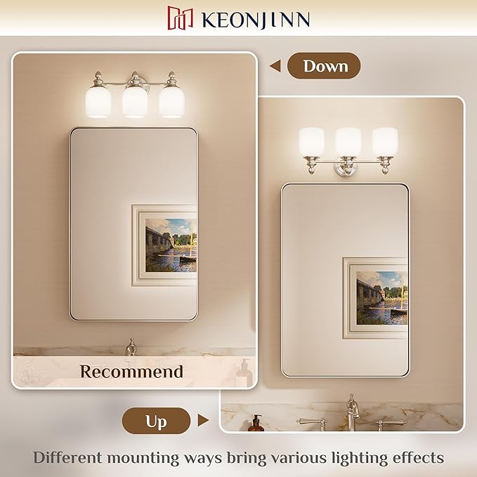 Keonjinn Brushed Nickel Bathroom Light Fixtures, 4-Light Vintage Vanity Lights for Mirror with Frosted Glass Shades, UL Listed E26 Base Reversible Vanity Lighting Fixtures for Wall(Bulbs Not Included)