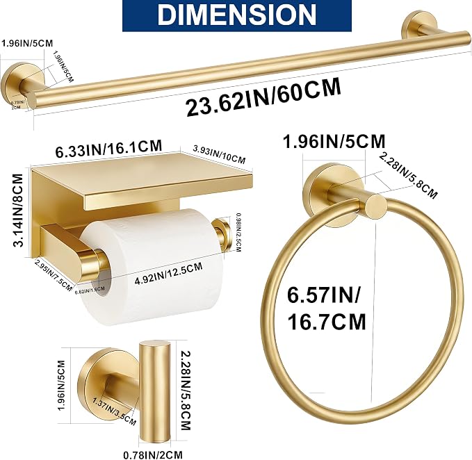 5 Pieces Bathroom Hardware Accessories Set Brushed Gold, 24Inch Bathroom Towel Rack Set SUS304 Stainless Steel, Round Toilet Paper Holder with Shelf Heavy Duty, Wall Mounted