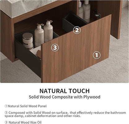 LKTART Floating 30 Inch Bathroom Vanity with Sink, Modern Plywood Wall Mounted Bathroom Storage Cabinet with 1 Door and 1 Drawer, Roma Travertine-Pattern Sintered Stone Countertop and Ceramic Basin