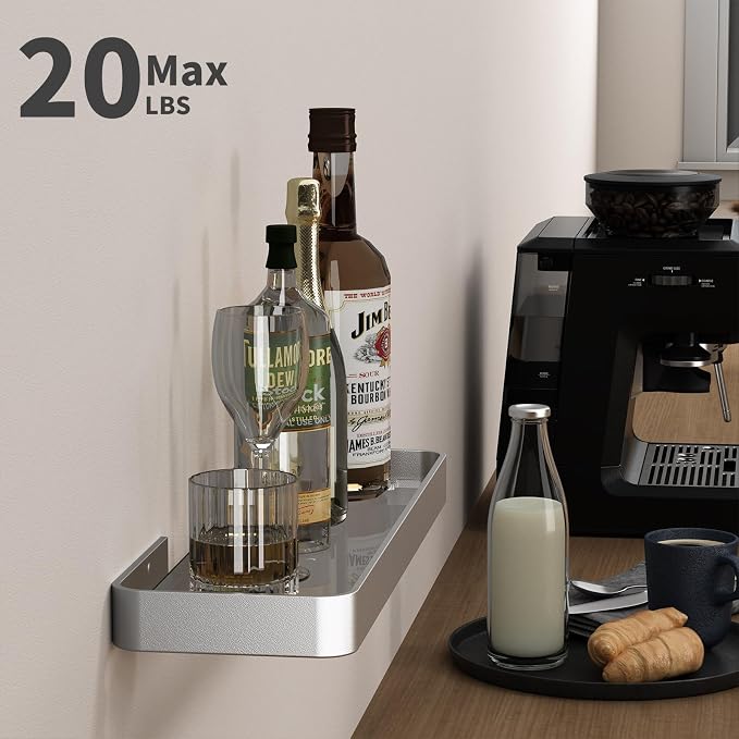 16-Inch Wall Shelf, Clear Tempered Glass with Matte Silver Aluminum Frame – Sleek Floating Bathroom Organizer