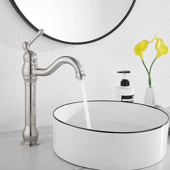 GGStudy 360° Swivel Single Handle One Hole Bathroom Vessel Sink Faucet Matching Pop Up Drain Without Overflow Brushed Nickel