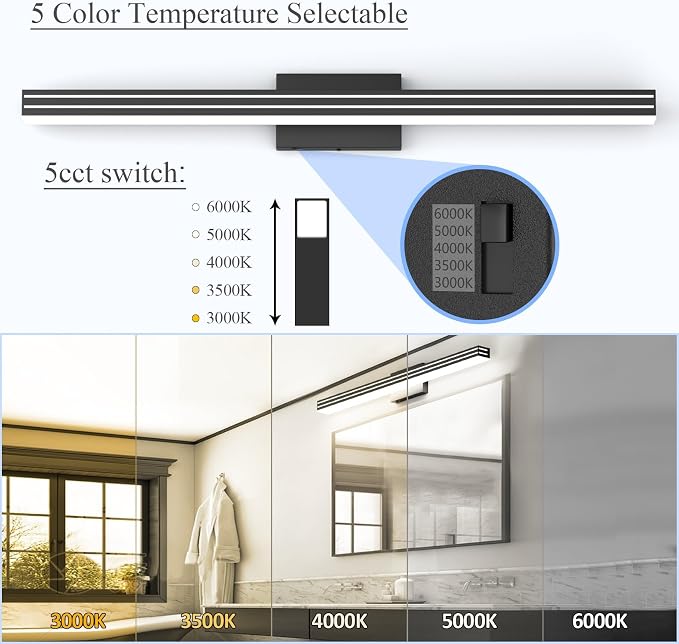 Ralbay 5 Color Temperature Dimmable LED Modern Black Vanity Light for Bathroom 40inch 36W Acrylic Matte Black Bathroom Vanity Lighting Fixtures Over Mirror