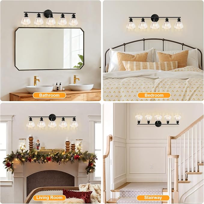 Bathroom Light Fixtures, 5-Light Brushed Black Vanity Lights for Bathroom with Clear Tulip Glass Shade, 30" Vintage Bathroom Vanity Lighting Fixtures Over Mirror for Bedroom Living Room Hallway