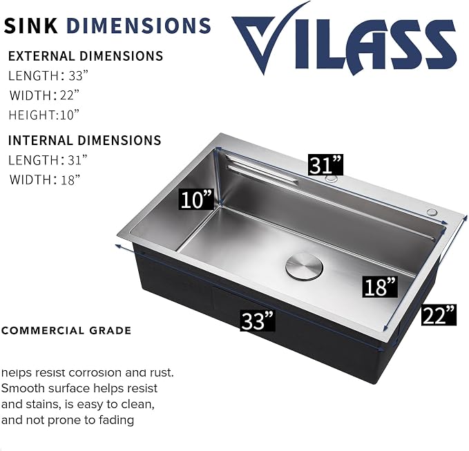33x22 Drop In Kitchen Sink with Faucet Combo Modern Large Stainless Steel Kitchen Sinks 33 Inch Top Mount Single Bowl Workstation Sink