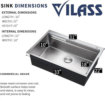 33x22 Drop In Kitchen Sink with Faucet Combo Modern Large Stainless Steel Kitchen Sinks 33 Inch Top Mount Single Bowl Workstation Sink