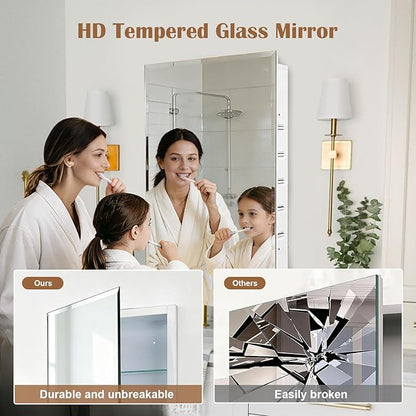 16x20'' Bathroom Medicine Cabinet Mirror with Storage, Surface Mount or Recessed Medicine Cabinet with 3-Tiered Adjustable Tempered Glass Shelves