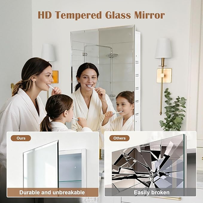 16x26'' Bathroom Medicine Cabinet Mirror with Storage, Surface Mount or Recessed Medicine Cabinet with 4-Tiered Adjustable Tempered Glass Shelves