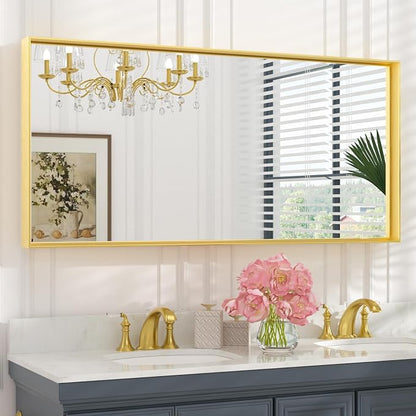 Keonjinn 48x24 Inch Gold Bathroom Mirror for Over Sink, Rectangular | HD Tempered Glass, Vanity Mirror, Brushed Framed, Square Corner, Modern Farmhouse, Wall Mounted Mirrors, Aluminum Alloy