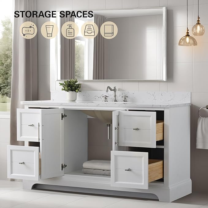 HOMEBEYOND 60 Inch Bathroom Vanity with Single Sink & Ceramic Top, Vanity Cabinet with Center Countertop Basin, Soft-Closing Doors, Backsplash, White