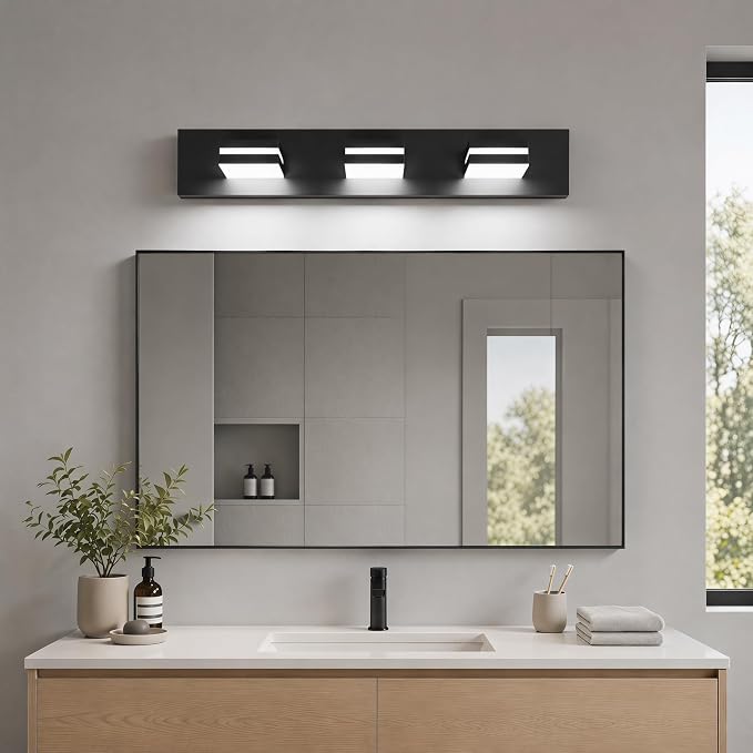 Black Modern LED Bathroom Vanity Light Fixtures over Mirror (22 in 3-Light) | Rotatable Heads, Dimmer Compatible, Wall Mount, Square Shape Design