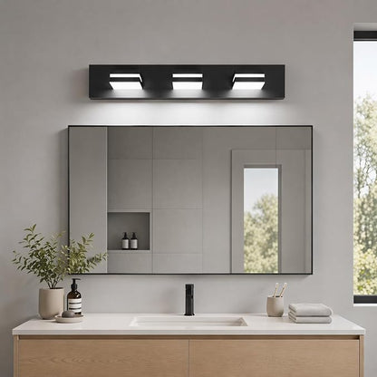 Black Modern LED Bathroom Vanity Light Fixtures over Mirror (22 in 3-Light) | Rotatable Heads, Dimmer Compatible, Wall Mount, Square Shape Design