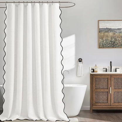 Scalloped Shower Curtain Linen Boho White 72" W x 72" L | Linen Fabric, Black Border, Washable, Heavy Duty Cloth, Shower Curtain for Boho Farmhouse Bathroom Bathtub