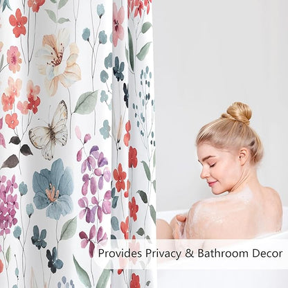Colorful Floral Shower Curtain, Watercolor Flower Fabric Shower Curtain for Bathroom, Cute Wildflower Butterfly Cloth Shower Curtain Set with Hooks, 72x72