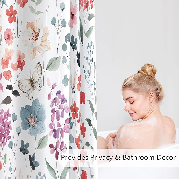 Extra Long Shower Curtain 72 x 96 Inch, Floor to Ceiling X-Long Colorful Floral Shower Curtain, Watercolor Flower Butterfly Fabric Shower Curtain Set with Hooks