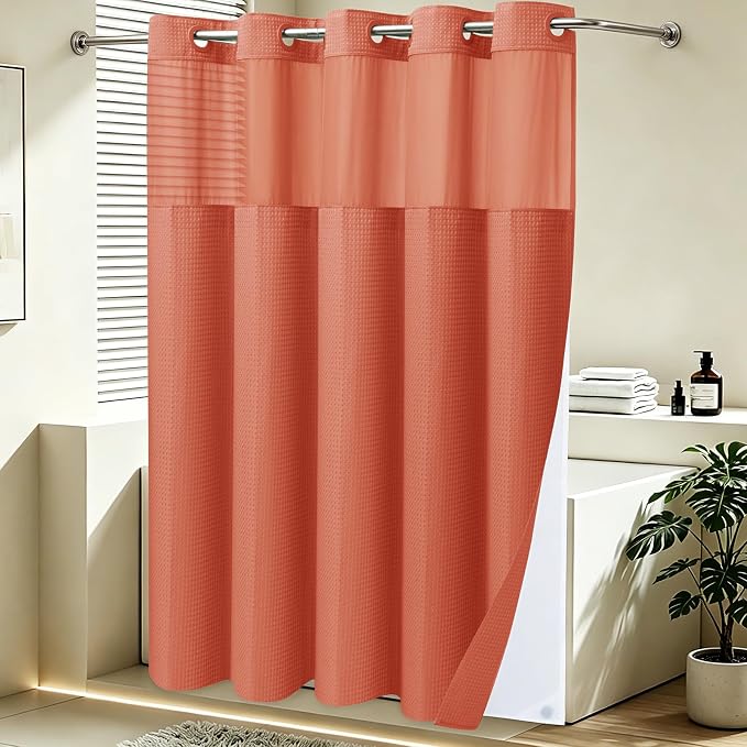 SORTTO No Hook Shower Curtain with Snap in Liner Set Waffle Shower Curtain for Bathroom Hotel Style Fabric Waterproof Inner Liner，71" W x 74" H, Coral