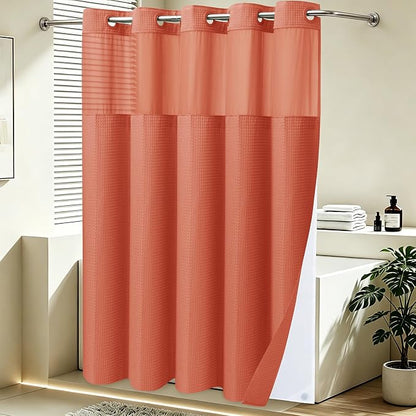 SORTTO No Hook Shower Curtain with Snap in Liner Set Waffle Shower Curtain for Bathroom Hotel Style Fabric Waterproof Inner Liner，71" W x 74" H, Coral