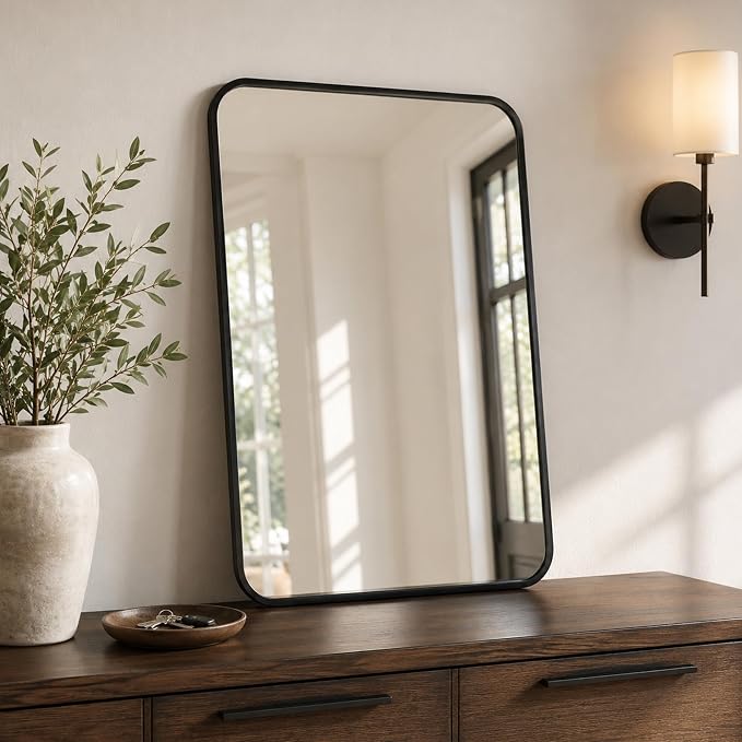 2-Pack 22x30 Inch Matte Black Rounded Rectangle Vanity Mirrors | Double Vanity or Two Bathrooms, Pair or Separate Use, Iron Frame, Layered Shadow Box Look, Two-Way Mount