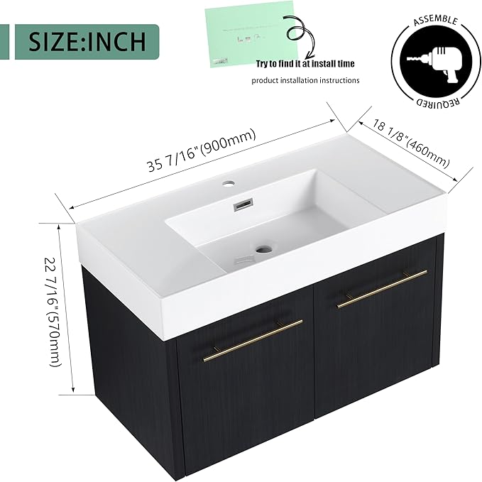 36 Inch Floating Bathroom Vanity,36" Bathroom Vanity with Sink,Modern Single Sink Bathroom Vanity Combo,Black Wall Mounted Cabinet Set
