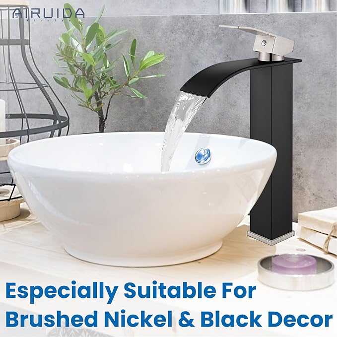 Airuida Vessel Sink Faucet Tall Waterfall Bathroom Fixtures Matte Black&Brushed Nickel Vanity Faucet for Sink 1 Hole Modern Lavatory Vessel Basin Faucet Deck Mount Single Handle Mixer Tap