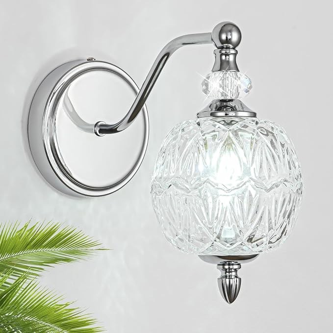 1 Piece Brushed Chrome Wall Sconce, 1-Light Mid Century Modern Brushed Chrome Finish Wall Sconce with Globe Glass Shade, Modern Light for Bathroom, Bedroom, Living Room,Powder Room