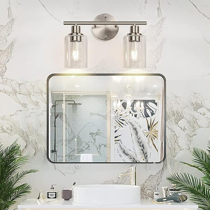 2-Light Bathroom Light Fixtures, Brushed Nickel Vanity Light, Modern Vanity Lights with Clear Glass Shade, Bathroom Wall Lamp for Mirror Kitchen Living Room Hallway Cabinet Porch