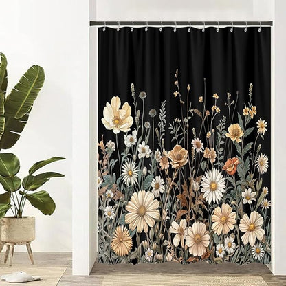 Vintage Boho Floral Shower Curtain, Cute Retro Bohemian Flower Botanical Aesthetic Decorative Shower Curtain Set with Hooks, Unique Dark Wildflower Rustic Farmhouse Shower Curtains for Bathroom 60X72