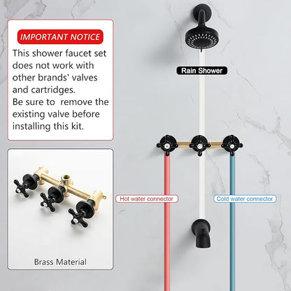 3 Handle Shower Faucet Set with Tub Spout Matte Black | Three Knod Tub and Shower Trim Kit 3 Handles Bathtub Shower Faucets Completes with Brass Valve
