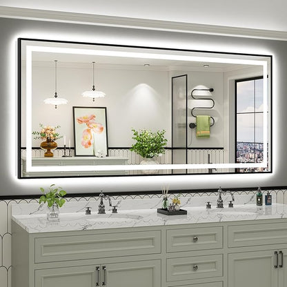 84x40 Inch LED Bathroom Mirror with Black Frame, Backlit & Front Lit, Anti-Fog Lighted Bathroom Vanity Mirror for Wall, Memory Function, Dimmable, HD Tempered Glass, Shatter-Proof