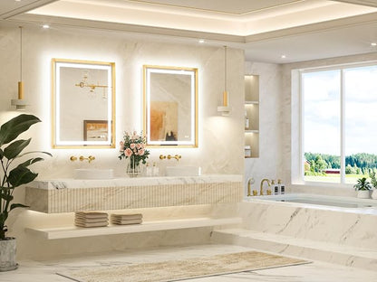 28 x 36 Bathroom LED Mirror Brushed Gold Metal Frame Frontlit & Backlit Vanity Mirror Anti-Fog Stepless Dimmable 3 Colors White/Warm/Natural Mirror with Lights Wall-Mounted