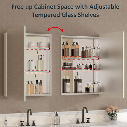24x30 Inch Medicine Cabinet with Mirror, Recessed or Surface Mounted Bathroom Cabinets for Storage, 2 Fully Adjustable Tempered Glass Shelves, Soft-close DTC Hinges, HD Reflection Mirror Door, Silver