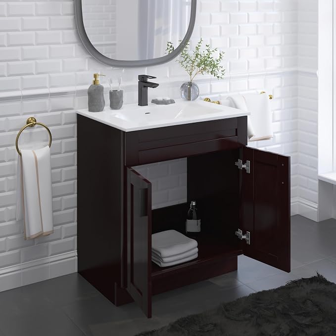 30" Espresso Shaker Bathroom Vanity Base – Ready-to-Assemble Sink Cabinet, Freestanding Bathroom Vanity Base Only, No Top or Sink