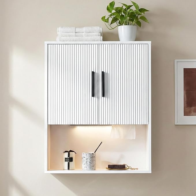 Modern Fluted Bathroom Wall Cabinet with Motion Sensor LED Light, White Over The Toilet Storage with Tissue Dispenser, Soft-Close Hanging Medicine Cabinet with Adjustable Shelves & Open Rack