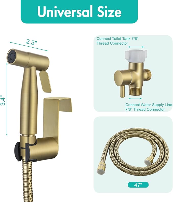 BARROCK Handheld Bidet Sprayer for Toilet, Stainless Steel Metal Made Baby Cloth Diaper Spraying Kit, Bathroom Toilet Bidet Attachment Set for Bathing Pets and Feminine Hygiene, Brushed Brass Gold