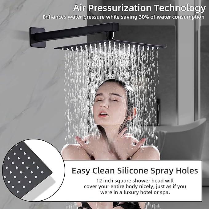 Shower Faucet Set Complete, Shower System Black with 12 inch Square Rainfall Shower Head 3-Function Handheld Shower Waterfall Bathtub Spout Rain Shower Combo Bathroom Wall Mounted fit All Valve Types