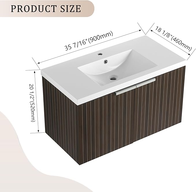 SSLine Wall Mounted Bathroom Vanity with Sink Combo Modern 36-Inch Single Bathroom Vanity Set with Top Basin &Storage Cabinet Wood Hanging Bath Cabinet w/Resin Sink for Small Space(Dark Brown Stripe)