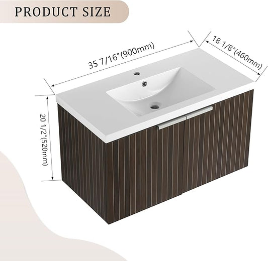 SSLine Wall Mounted Bathroom Vanity with Sink Combo Modern 36-Inch Single Bathroom Vanity Set with Top Basin &Storage Cabinet Wood Hanging Bath Cabinet w/Resin Sink for Small Space(Dark Brown Stripe)