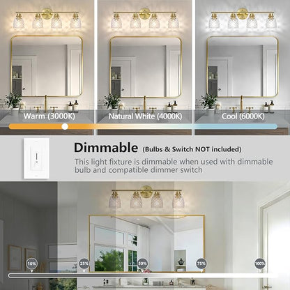 4-Light Vanity Light Over Mirror, Brushed Gold Bathroom Light Fixtures | Modern Farmhouse Wall Sconces with Hammered Glass Lampshade for Kitchen Hallway Bedroom Living Room Cabinet Porch-27.5IN