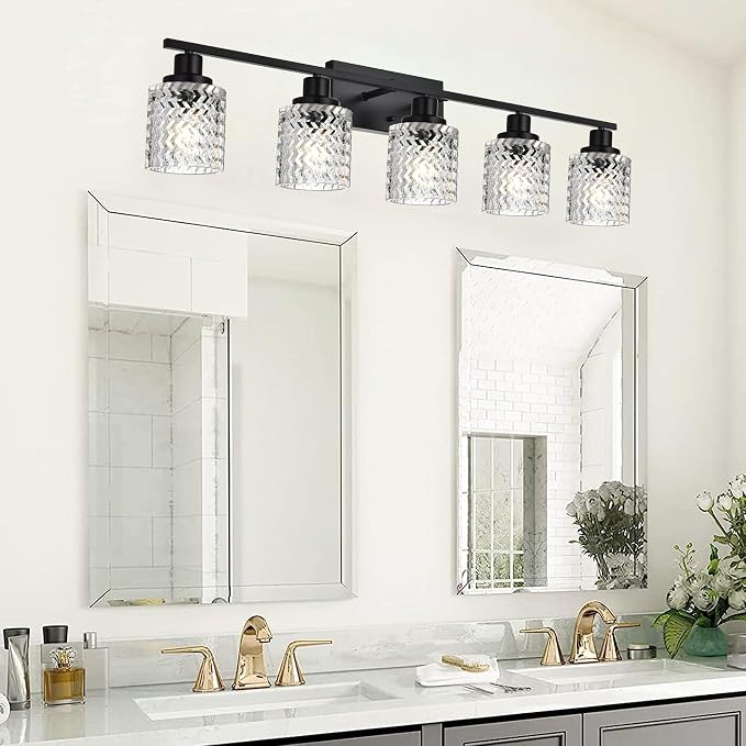 MELUCEE 5 Lights Black Bathroom Light Fixture Modern Light Fixtures | Wall Mounted Modern Vanity Lighting with Hammered Glass Shade Suitable for Bathroom Mirror Sink Cabinet