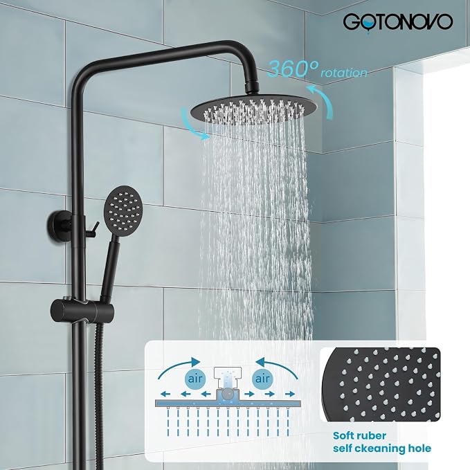 gotonovo Outdoor Shower Kit SUS304 Stainless Steel Matte Black | Outside Shower Fixtures,8’’ Rain Head with Handheld Sprayer,Swivel Tub Spout,Indoor/Outdoor,Poolside,Backyard,Garden,Beach