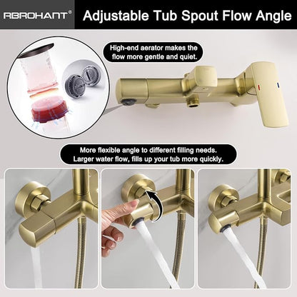 RBROHANT Exposed Shower System with Tub Spout, Brushed Gold Exposed Pipe Shower Faucet with 3 Functions Brass Shower Valve, Shower Height Adjustable, Wall Mounted